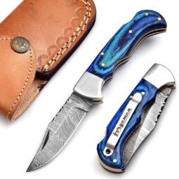 Handmade Damascus Steel Folding Knife - Blue Wood Handle