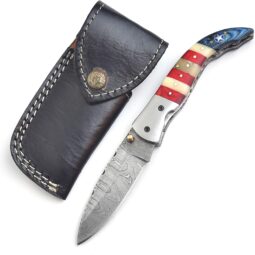 Damascus Folding Knife | Red, White & Blue Handle