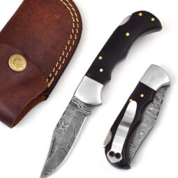 Handmade Damascus Steel Folding Knife - Black Handle